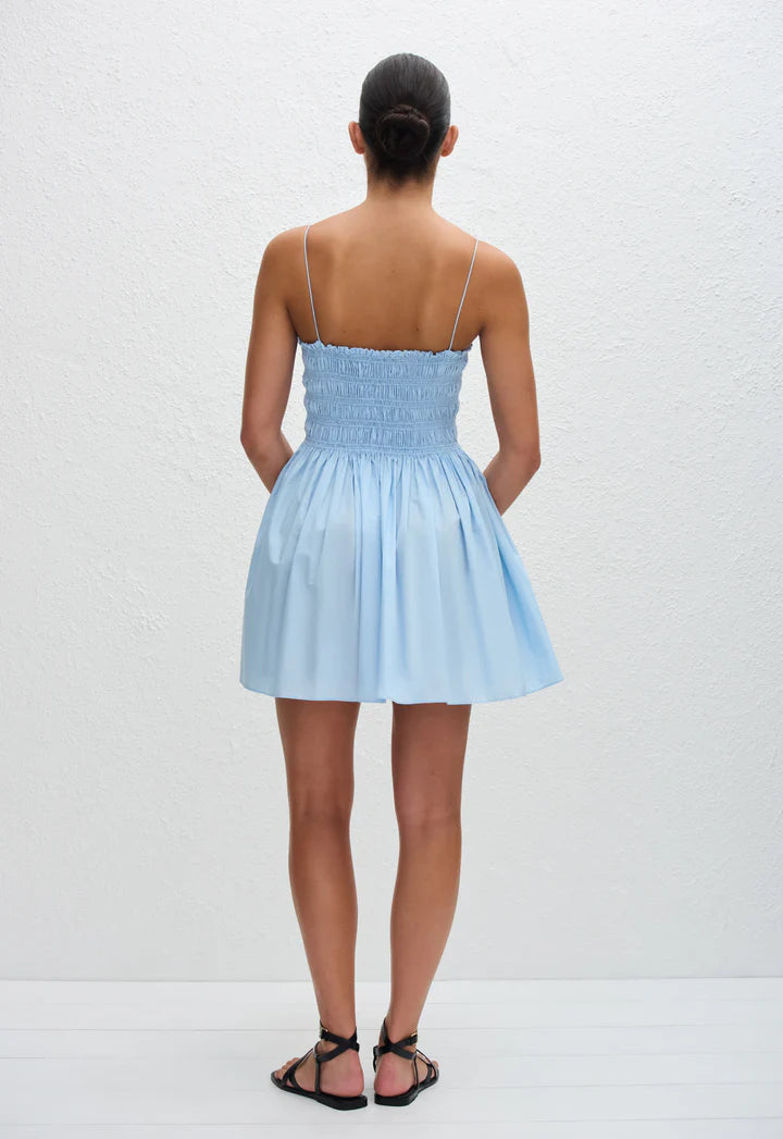Blue Shirred Mini Cotton Dress