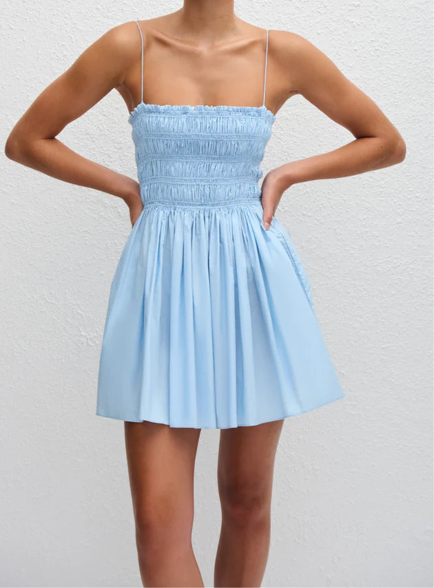 Blue Shirred Mini Cotton Dress