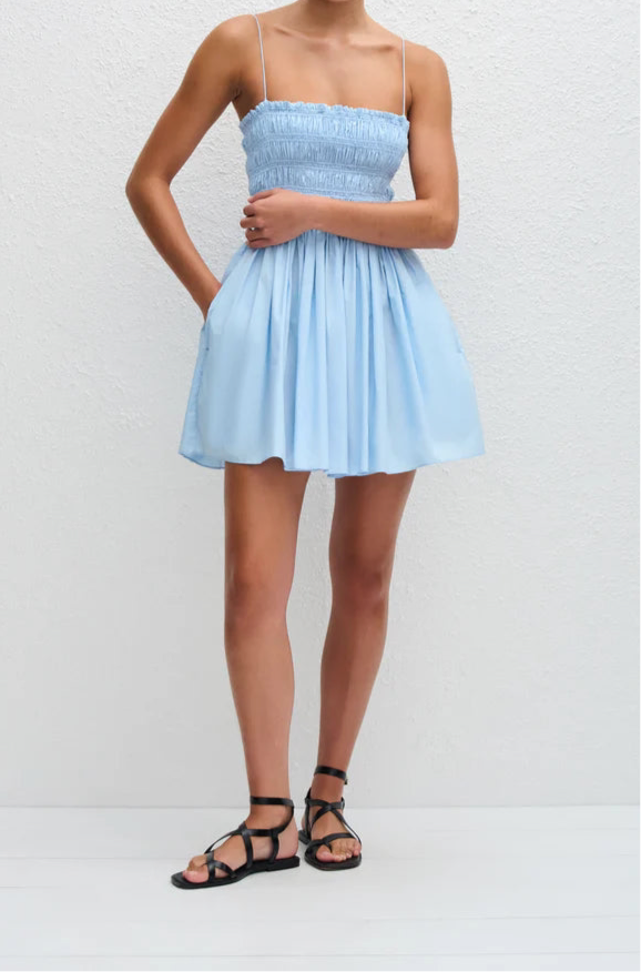 Blue Shirred Mini Cotton Dress