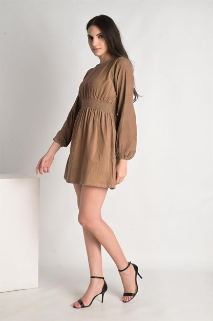 Beige Waist Hem Ruched Mini Dress - Do & Bee