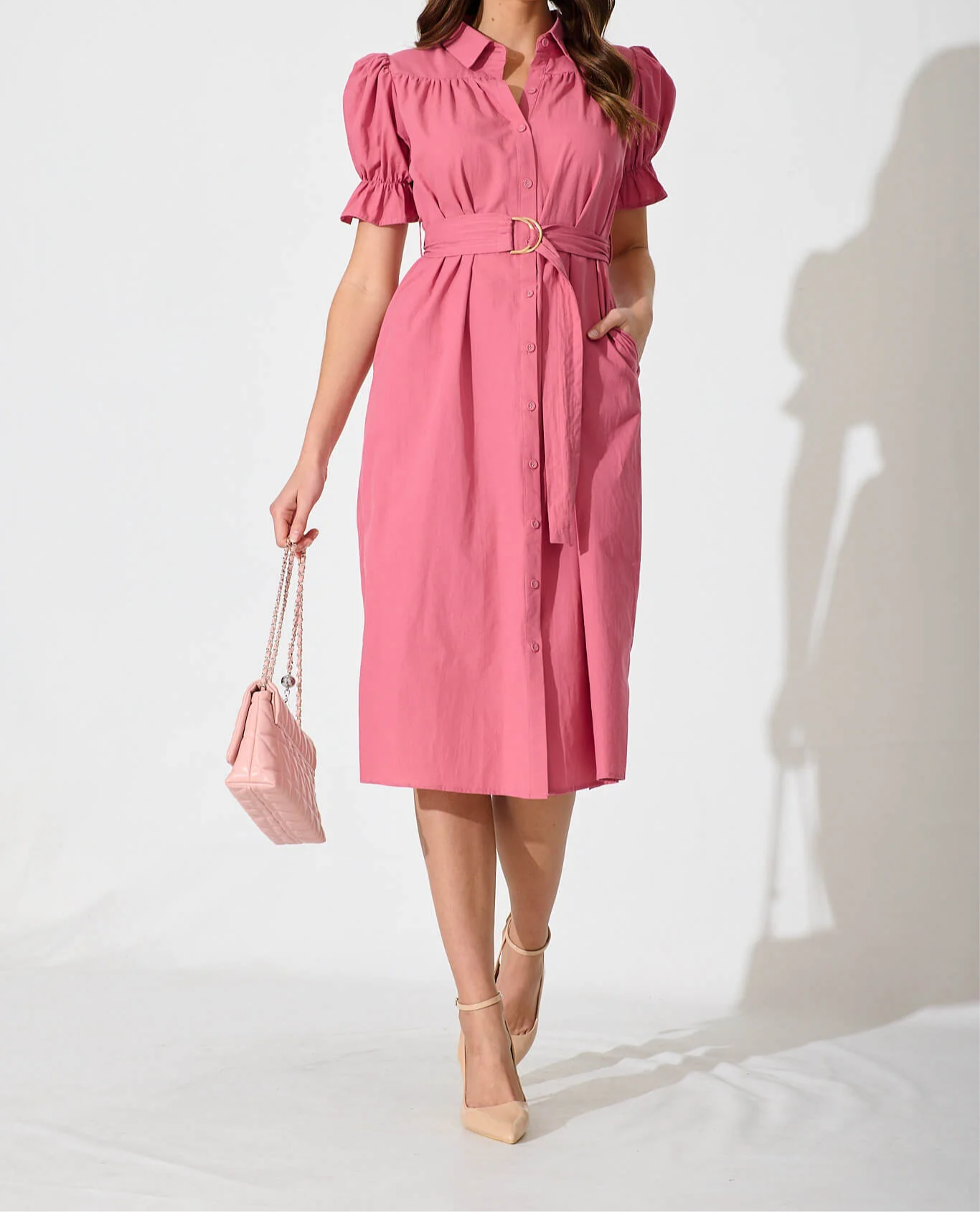 Rose Cotton Midi Shirt Dress