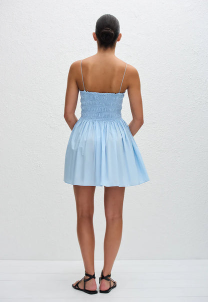 Blue Shirred Mini Cotton Dress
