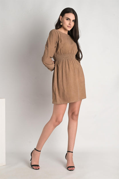 Beige Waist Hem Ruched Mini Dress - Do & Bee