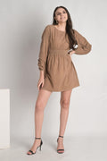 Beige Waist Hem Ruched Mini Dress