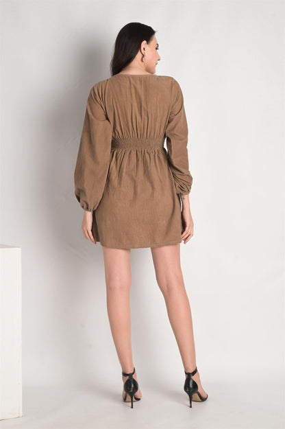 Beige Waist Hem Ruched Mini Dress - Do & Bee