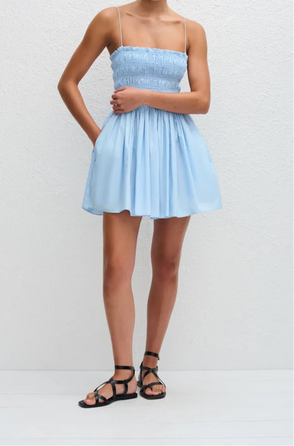 Blue Shirred Mini Cotton Dress