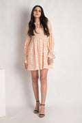 White/Orange Floral Ruched Midi Dress