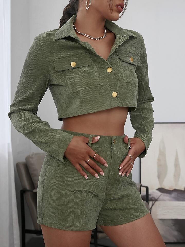 Flap Pocket Crop Corduroy Jacket & Shorts