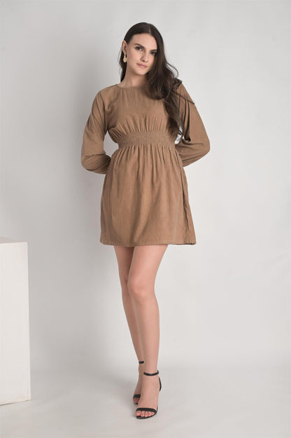 Beige Waist Hem Ruched Mini Dress - Do & Bee