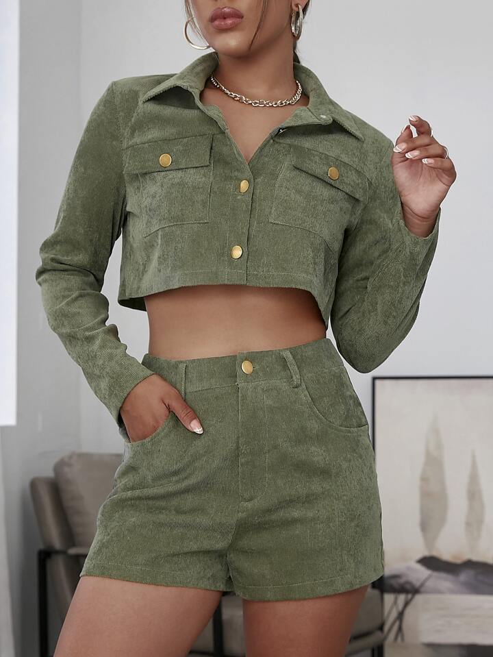 Flap Pocket Crop Corduroy Jacket & Shorts