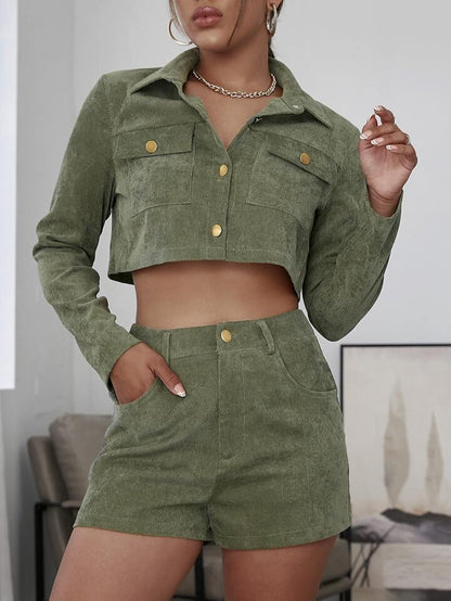 Flap Pocket Crop Corduroy Jacket & Shorts - Do & Bee