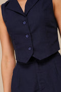 Charismatic Navy Blue Cotton Collared Vest Top